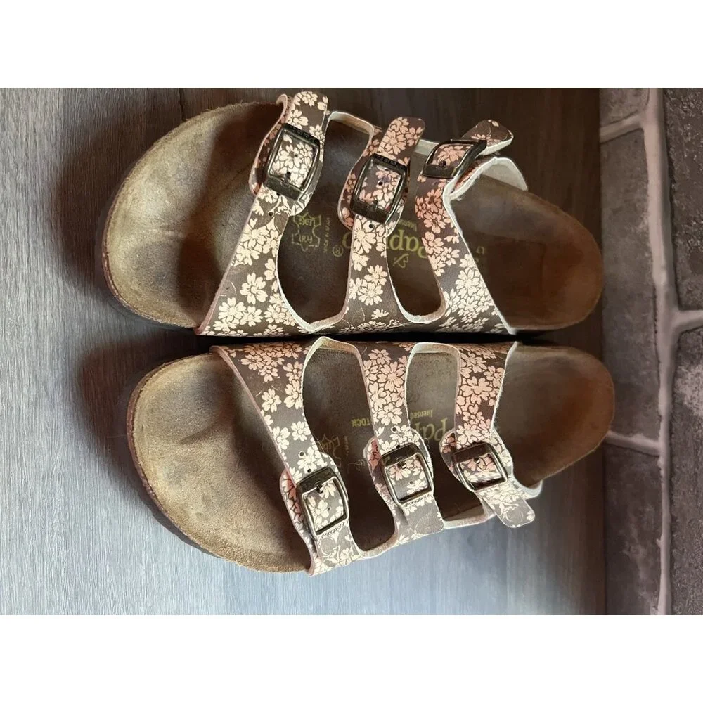 Birkenstock Papillio Florida Sandals Sz 38 7US 3 Strap Brown Floral Flower - Picture 6 of 11